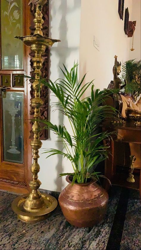 Brass Planters Ideas, Bengali Interior Design, Home Entrance Decor Indian, Tulasi Plant, Indian Inspired Decor, Kitchen Window Design, Brass Decoration, Vintage Brass Decor, Indian Room Decor