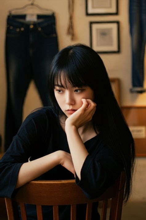 A moody portrait of a young woman sitting indoors with a thoughtful expression, muted tones, and casual surroundings, evoking a sense of quiet reflection. Hands Resting On Face Reference, Resting Face Reference, Resting Hand On Chin Reference, Person Resting Head On Hand, Resting Head On Hand Reference, Straight Black Hair, Small Detail, Natural Light, Black Hair