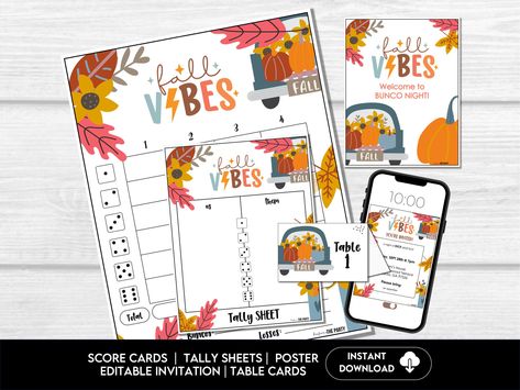 Fall VIBES Bunco Score Cards, Autumn Bunco Score Sheets, FALL Bunco Invitation, Pumpkin Theme Bunco Party Kit, September Bunco Night, BUNKO by BeforeThePartyCo on Etsy Bunco Party Themes, Bunco Score Sheets, Bunco Night, Table Markers, Bunco Party, Sign In Sheet, Table Tents, Player Card, Fall Theme