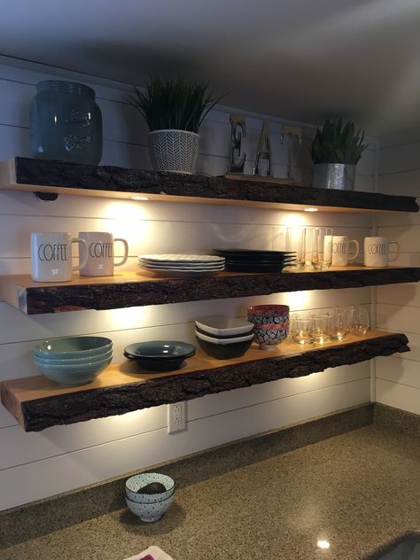 Kitchen Shelving Ideas Floating, Live Edge Wood Home Decor, Flowting Shelves Kitchen, Kitchen Shelf Styling Wall Shelves, Living Edge Shelves, Live Edge Shelf Kitchen, Open Shelves Dishes, Wood Beam Shelves Floating, Raw Edge Kitchen Shelves