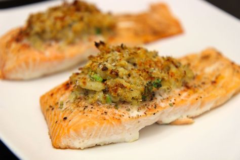 Many crab stuffed salmon recipes require very little seasoning but I am so in love with my crab cakes recipe that I decided to use that recipe to season the crab filling for this recipe. I u… Salmon And Crab Meat Recipe, Crab Stuffing For Fish, Seafood Stuffed Salmon Recipes, Crab Stuff Salmon Recipes, Bake Fish, Salmon Stuffed, Crab Stuffed Salmon, Crab Imperial, Lump Crab Meat