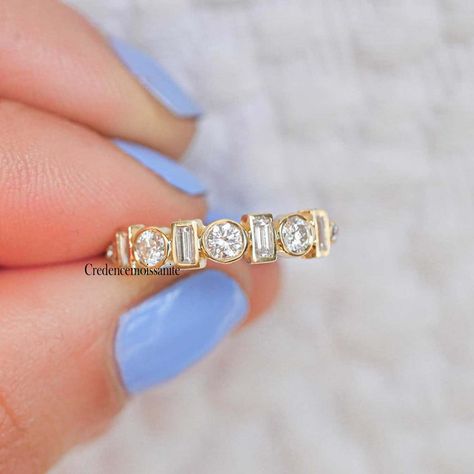 Gold Anniversary Bands, Ring Upgrade, Baguette Band, Family Jewelry, Ring Inspo, Moissanite Band, Half Eternity Wedding Band, Diamond Mosaic, Yellow Gold Engagement