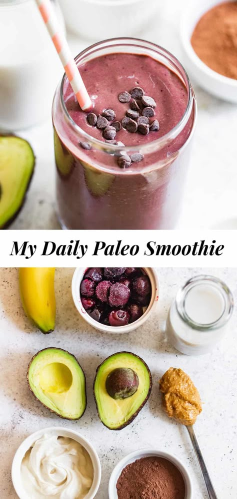 This simple paleo smoothie has become such a favorite that I make it every morning! Just the right amount of sweetness, with healthy fats, carbs, creamy texture and added protein. Enjoy it daily for breakfast or as an afternoon pick me up or even a dessert! #paleo #vegan #smoothie #cleaneating Whole 30 Smoothies, Paleo Breakfast Smoothie, Paleo Smoothie Recipes, Protein Breakfast Smoothie, Paleo Running Momma, Paleo Protein Powder, Vegan Protein Smoothie, Simple Paleo, Best Protein Shakes