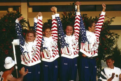 🥇 Angel Martino, Nicole Haislett, Jenny Thompson and Dara Torres • Barcelona 1992 Olympics #swimming Olympics Swimming, Jenny Thompson, Summer Olympics, Action Poses, Olympic Games, Barcelona, Dior, Swimming, Angel