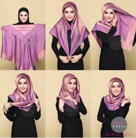 Hijab With Square Scarf, Square Scarf Styles, Square Hijab Style, Beautiful Hijab Styles, Square Scarf Hijab, Square Hijab Tutorial, Beau Hijab, Hijabi Mode, Hijab Stile