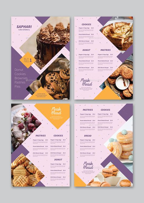 4 Bakery Menu Flyer Templates PSD Menu Card Design For Cake Shop, Menu Design Ideas Bakery, Bakery Flyer Design Templates, Bakery Menu Ideas Design, Pastries Menu Design, Dessert Flyer Design, Dessert Menu Design Ideas Templates, Menu For Bakery, Dessert Poster Design Ideas