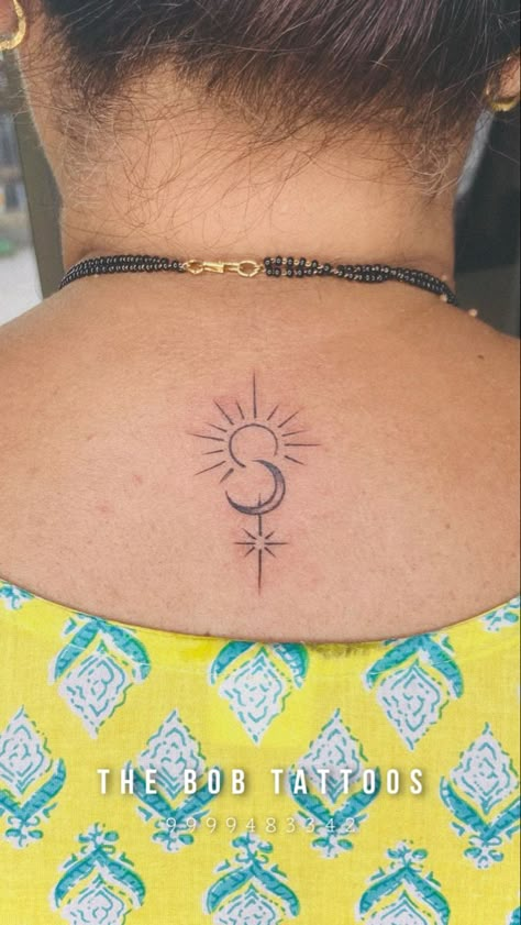 Sun Moon Star Tattoo ☀️ 🌙 ⭐️ Sun Tattoo Designs For Women Beautiful, Sun Moon Star Tattoo, Sun Moon Stars Tattoo, Tattoos For Women Cat, Back Of Neck Tattoos For Women, Full Arm Sleeve, Moon Star Tattoo, Persian Tattoo, Tattoo Eye