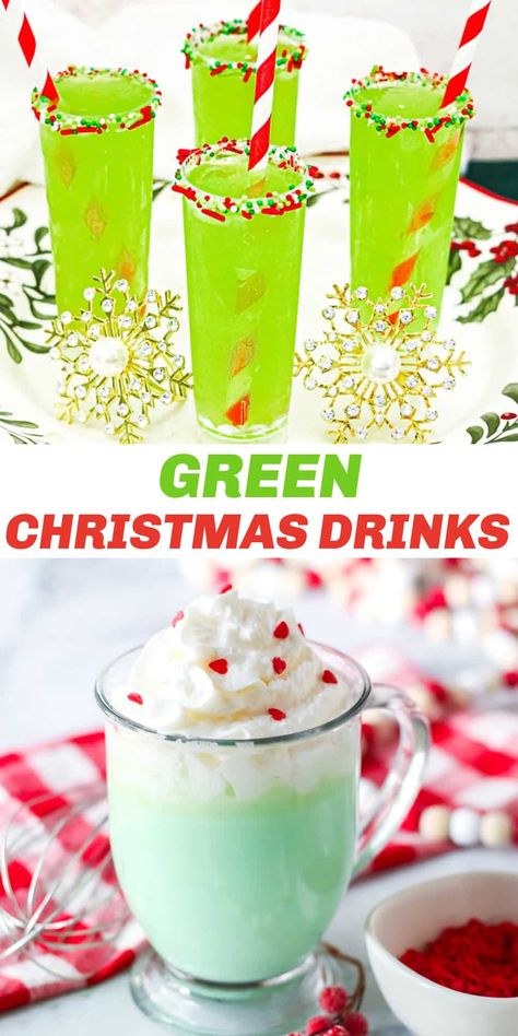 Tis the season where Green Christmas Drinks take center stage, especially when it comes to entertaining. We've come up with some of the most festive green drinks that are delicious and will make a beautiful presentation at all your holiday gatherings. Grinch Punch Mocktail, Mr Grinch Drink, Green Christmas Drinks For Adults, Grinch Christmas Drink Holiday Cocktails, Green Acholol Drinks, Green Christmas Cocktails Holiday Drinks, Grinch Themed Alcoholic Drinks, Christmas Grinch Drink, Grinch Drink Alcohol