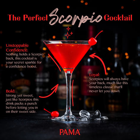 Dark, intense, and with a bite that leaves a lasting impression—just like a Scorpio. 🌑🍒   Ingredients:  2 oz PAMA  1 oz vodka  1/2 oz cherry syrup 1/2 oz freshly squeezed lime juice 2 dashes of black cherry bitters  #PAMA #PAMALiqueur #21+ #Scorpio #ScorpioSzn #Cocktails Cherry Syrup, Black Cherry, Lime Juice, Scorpion, Cocktail Recipes, Syrup, Vodka, Lush, Juice