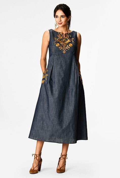 be53ee61104935234b174e62a07e53cfdesc35498769ri Chambray Shirt Dress, Chambray Dress, Embroidered Clothes, Pinterest Fashion, Dresses Women, Embellished Dress, Custom Dresses, Stylish Dresses, Women's Fashion Dresses