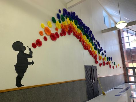 Little boy blowing bubbles, bubbles made from paper fans Bubble Classroom Theme, Bubble Bulletin Board, 100 Días De Clases, Rainbow Fan, Bubble Boy, Preschool Decor, School Board Decoration, Art Classroom Decor, Rainbow Bubbles