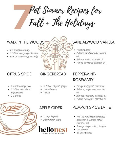 7 Pot Simmer Recipes for Fall + The Holidays | Hello Nest Gingerbread Simmer Pot, Vanilla Simmer Pot Recipes, Peppermint Simmer Pot, Simmer Pot Ingredients Meanings, Simmer Pot Recipes House Smells, Winter Simmer Pot Recipes, Christmas Simmer Pot Recipes, Intentional Christmas, Pot Simmer