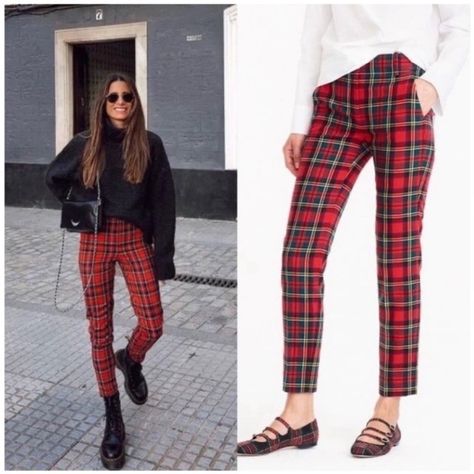 Plaid Pants Graphic Tee Outfit, Red Plaid Pants Outfit, Red Trousers Outfit, Dc Fits, Stretchy Dress Pants, Black Slim Pants, Checkered Trousers, Pant Trouser, Tartan Pants