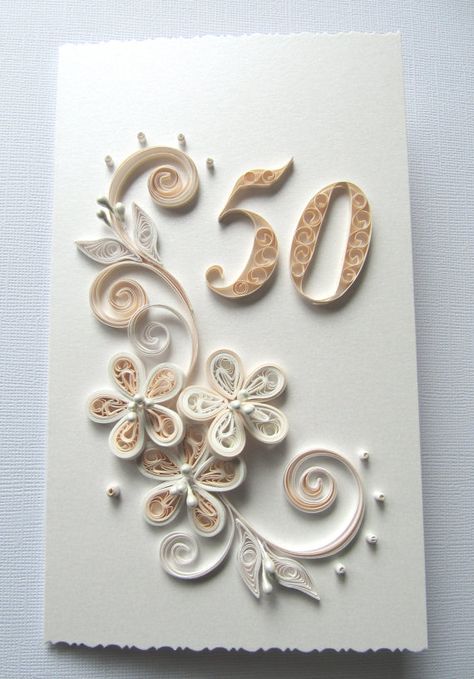 50th Birthday Quilling Greeting Card Anniversary by RudiBelArt Birthday Quilling, 50th Birthday Greetings, Quilling Birthday Cards, Paper Quilling For Beginners, Paper Quilling Cards, Quilling Work, Art Quilling, Paper Quilling Patterns, Quilled Paper Art