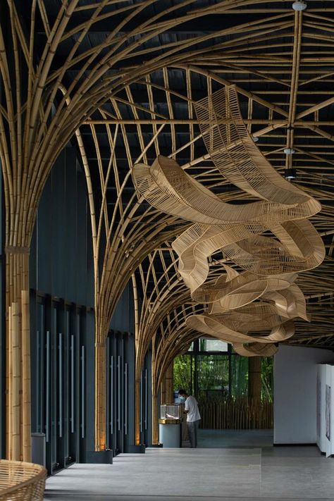 Gallery of Qionglai Bamboo Pavilion / UNO Architects - 7 Bamboo Pavilion, Bamboo Building, Bamboo Ceiling, Bamboo Structure, Bamboo Architecture, Bamboo Art, Bamboo Furniture, Ceiling Installation, Bamboo Design