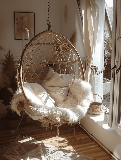 Hanging Chairs Room, Reading Hanging Chair, Hammock Chair Bedroom, Corner Hanging Chair, Hanging Chair In Living Room, Living Room Hanging Chair, Hanging Bedroom Chair, Hanging Boho Chair, Hanging Room Chair