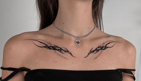 Body Jewelry Tattoo, Cybersigilism Collarbone Tattoo, Woman Collar Bone Tattoo, Cybersigilism Tattoo Chest, Symmetrical Tattoos, Sigilism Tattoo, Collarbone Tattoos, Clavicle Tattoo, Symmetrical Tattoo