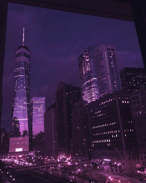 Dark Purple City Aesthetic, Purple Building Aesthetic, City Aesthetic Purple, Purple City Aesthetic, City Aesthetic Night, Purple City, Purple Aesthetic Background, City Lights At Night, New York City Aesthetic