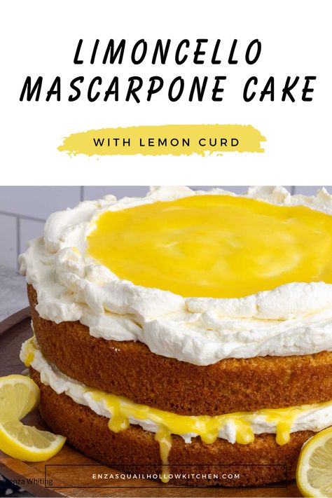 This Italian Limoncello Mascarpone cake recipe is what a lemon lover’s dreams are made of.  It is truly hard to resist but easy to make.  The lemon cake layers are subtly flavored with Limoncello liqueur and are incredibly moist and tender.  But the toppings take this cake to a whole other level. The mascarpone whipped cream frosting is creamy and refreshing, while the addition of homemade lemon curd adds extra lemon flavor to this delicious cake.    The perfect spring or summer dessert. Mascarpone Lemon Curd, Mostachon Cake Recipe, Limoncello Mascarpone Cake Recipe, Italian Lemon Cream Cake Recipe, Mascarpone Cake Recipe, Myer Lemon Recipes, Limoncello Desserts, Italian Limoncello, Authentic Italian Desserts