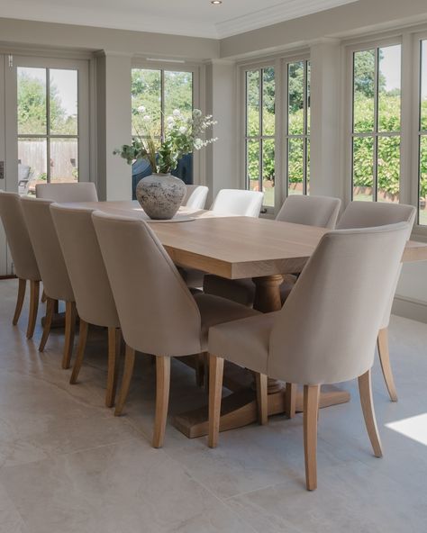 The 3m solid oak dining table we recently made for a return client of ours looking absolutely stunning in this extension, with all that natural light 😍 Finished in @rubiomonocoatuk White, to give it a natural look without warming the timber too much. Massive thanks to our local wood turning genius that is @shaun.clifford.54 on these legs - we let Shaun come up with something and he delivered 👌🏻 Light Oak Dining Table, White Oak Dining Table, Kitchen Colours, Oak Floorboards, Timber Dining Table, Solid Oak Dining Table, Table Marble, Dining Table Centerpiece, Island Ideas