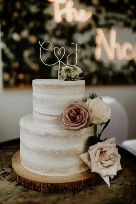 Naked Wedding Cake With Topper, Small Two Tier Wedding Cake Rustic, Simple Two Tier Wedding Cake Rustic, 2 Their Wedding Cake, 2 Person Wedding Cake, Single Layer Wedding Cake Ideas, Single Layer Wedding Cake Rustic, Home Made Wedding Cakes, Simple Dessert Table Ideas Wedding