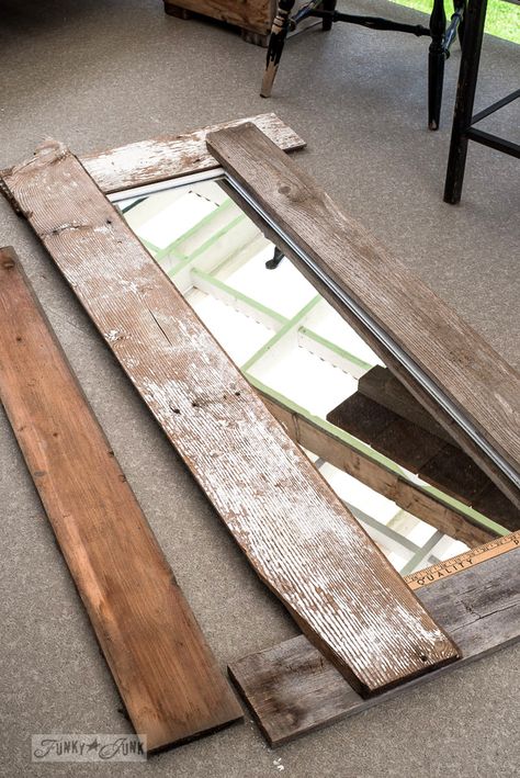 Barnwood Full Length Mirror, Framing A Mirror With Wood, Rustic Wood Framed Mirror, What To Do With Old Mirrors Ideas, Farmhouse Mirror Bedroom, How To Frame A Mirror With Wood, Diy Cowhide Mirror, How To Make A Frame For A Mirror, Diy Standing Mirror Frame