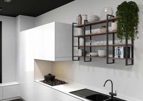 Shelf Ladder, Open Shelving Units, Kitchen Wall Shelves, Ladder Rack, Open Kitchen Shelves, Wall Shelves Design, Matte Black Hardware, Kitchen Ceiling, Ladder Shelf