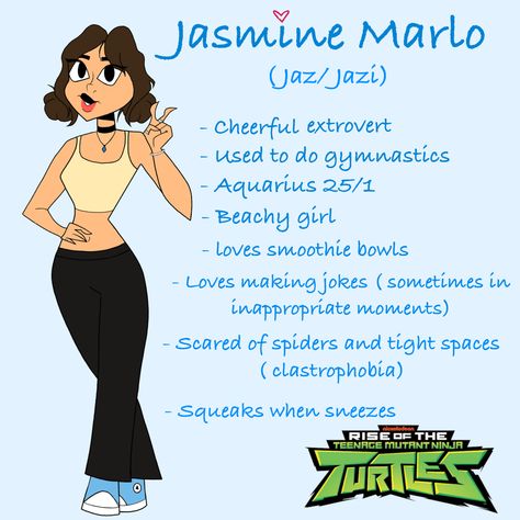 This is Jasmine my rottmnt oc💙 Tmnt Oc Human, Rottmnt Oc, Tmnt Oc, Scared Of Spiders, Rise Tmnt, Tmnt Girls, Beachy Girl, Bullet Journal Doodles, Journal Doodles