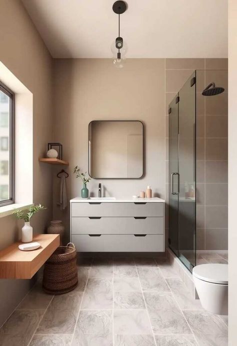 22 Best Taupe Bathroom Ideas » HomeDecorFull Khaki Bathroom Ideas, Peach And Grey Bathroom Ideas, Greige Tile Bathroom, Grey And Tan Bathroom, Grey And Cream Bathroom, Bathroom Beige Floor, Gray And Beige Bathroom, Bathroom Grey Vanity, Taupe Bathroom Ideas