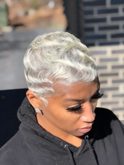 Blonde Short Fingerwaves, Short Blonde Fingerwaves Black Women, Blonde Short Pixie Haircut Black Women, Pixie Waves Black Women, Platinum Fingerwaves, Finger Wave Pixie Cut, Platinum Blonde Short Hair Black Women, Platinum Blonde Pixie Black Women, Short Blonde Pixie Black Women