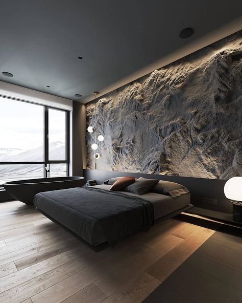 Beautiful and stylish (Swipe Left) Designed by Stephen Tsimbalyuk Vi Textured Feature Wall, Stone Feature Wall, Minimal Interior Design, Loft Interior, Luxury Bedroom Master, Bedroom Bed Design, Dark Interiors, Minimalism Interior, Floor To Ceiling