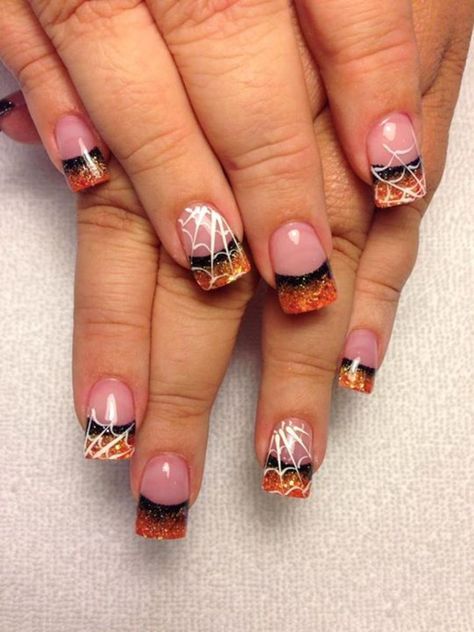 Fall Nail Designs Acrylic French Tips, Maniology Halloween Nails, October French Tip Nails, Purple And Orange Halloween Nails, Halloween Nail Tips, Halloween Nails French Tip, Autumn French Tip Nails, Halloween French Nails, French Tip Halloween Nails