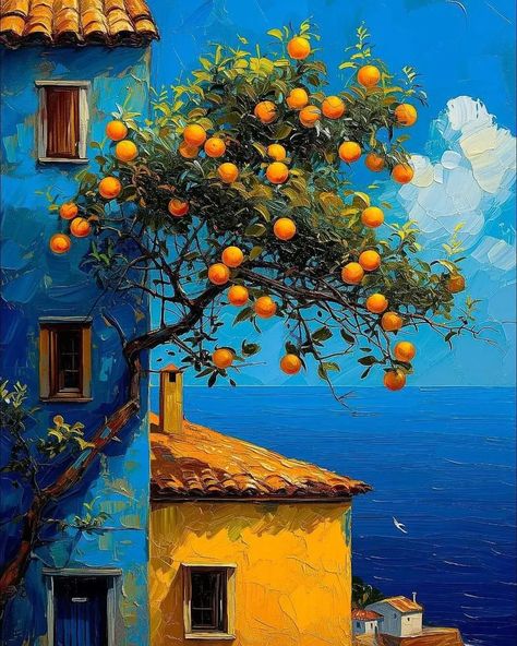 Mediterranean Art, Orange Painting, Art Painting Gallery, Landscape Art Painting, Sea Painting, Orange Tree, Tableaux Paysage, By The Ocean, Amazing Art Painting