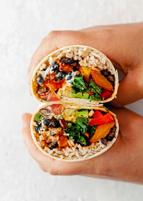 Healthy Sweet Potato Burritos Potato Burrito Recipe, Potato Burritos, Small Batch Recipes, Sweet Potato Vegan, Potato Burrito, Sweet Potato Burrito, Sweet Potato Wrap, Sweet Potato Hummus, Healthy Sweet Potato