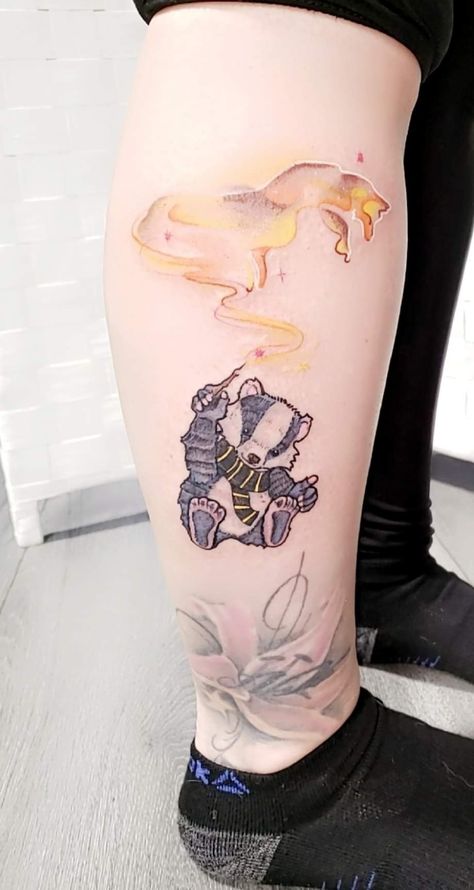 Cute Badger Tattoo, Hufflepuff Badger Tattoo, Harry Potter Tattoos Hufflepuff, Hufflepuff Tattoo Ideas, Hufflepuff Tattoo, Patronus Tattoo, Badger Tattoo, Harry Potter Tattoo Sleeve, Whimsical Tattoos