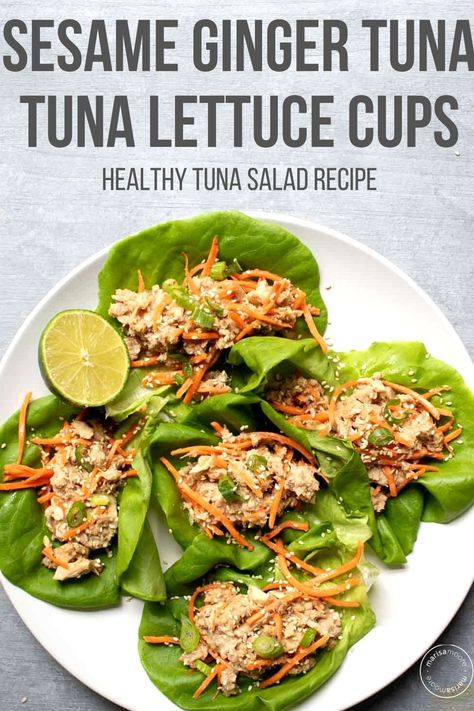 These healthy tuna lettuce cups require no-cooking and are perfect for lunch. This Asian-inspired recipe is made with sesame, ginger and lime flavors. Sweet, tangy, and a little spicy, this easy recipe is ready in just 10 minutes! #ketorecipes Tuna Lettuce Wraps, Tuna Salad Recipe Healthy, Best Tuna Salad Recipe, Healthy Tuna Salad, Healthy Tuna, Cooking Green Beans, Tuna Salad Recipe, Sesame Ginger, Soy Recipes