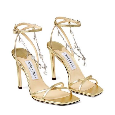 Gold Metallic Nappa Leather Sandals with JC-Chain Embellishment | METZ 100 | Pre-Fall '20 | JIMMY CHOO Gold Jimmy Choo Heels, Hak Tinggi, Star Anklet, Jimmy Choo Gold, Dr Shoes, Jimmy Choo Heels, Fancy Shoes, Prom Shoes, Gold Heels