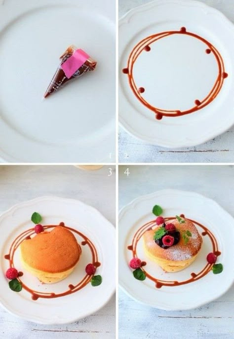 Dessert Plate Decoration, Dessert Plating Ideas, Food Plating Design, Plating Dessert, Soufflé Pancakes, Food Presentation Plates, Food Plating Techniques, Fine Dining Desserts, Gourmet Food Plating