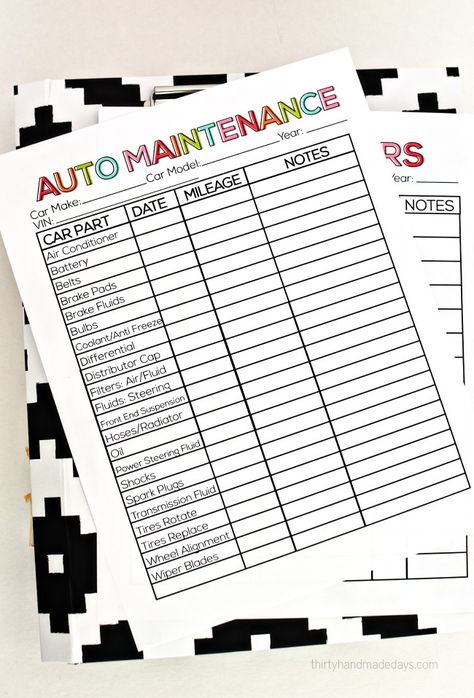 Printable Auto Maintenance Records from www.thirtyhandmadedays.com Auto Maintenance, Family Binder, Maintenance Checklist, Car Fix, Binder Organization, Car Hacks, Brake Fluid, Home Repairs, Car Maintenance