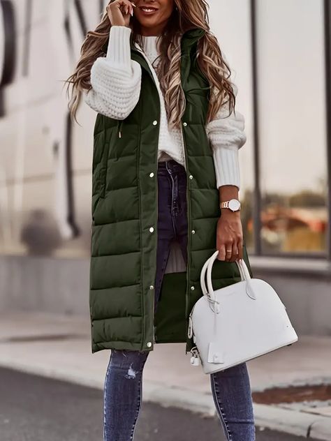 Green Vest Outfits For Women, Long Vest Outfit, Vest Outfits For Women, Long Outerwear, Chaleco Casual, Vest Outfit, Gilet Long, Winter Vest, Green Vest