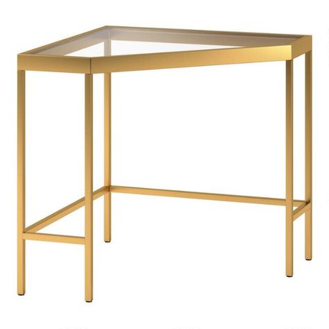 Metal and Glass Top Hayda Corner Desk | World Market Glass Corner Desk, Contemporary Writing Desk, Corner Writing Desk, Brass Corners, Compact Desks, Minimalist Desk, Desk Table, Office Furniture Desk, World Market