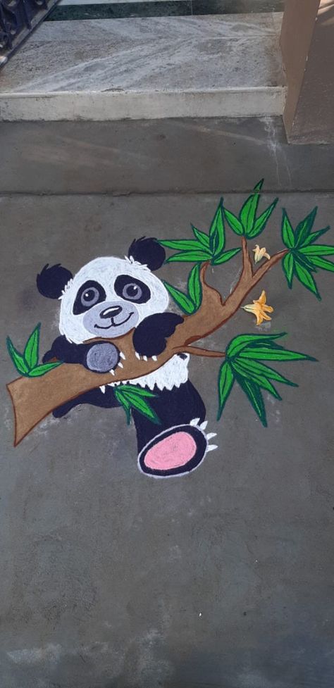 Cartoon Rangoli For New Year, Panda Rangoli Designs, Cartoon Kolam Designs, Panda Rangoli, New Year Rangoli Design Cartoon, Cartoon Rangoli Designs Diwali, Cartoon Rangoli Designs Easy, Cartoon Rangoli Designs, Dev Diwali Rangoli