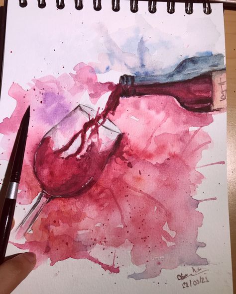 Wine Watercolor Art, Red Wine Watercolor Paintings, Wine Glass Watercolor Painting, Painting Of Wine Bottle, Wine Drawing Aesthetic, Watercolor Wine Painting, Wine Bottle Watercolor, Wine Painting Canvas Easy, Wine Watercolor Painting