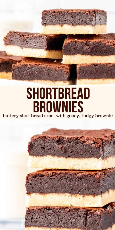 These shortbread brownies combine two classic desserts for the ultimate bar recipe. The shortbread base is buttery and tender and the brownie on top is rich, fudgy and perfectly decadent. #shortbread #brownies #shortbreadcrust #bars #recipe from Just So Tasty Shortbread Brownies Recipes, Brownie Shortbread Bars, Oatmeal Shortbread Bars, Shortbread Cookie Bars Recipes, Shortbread Brownie Bars, Shortbread Base For Squares, Brownie Bars Recipes, Short Bread Bars, Shortbread Crust Desserts