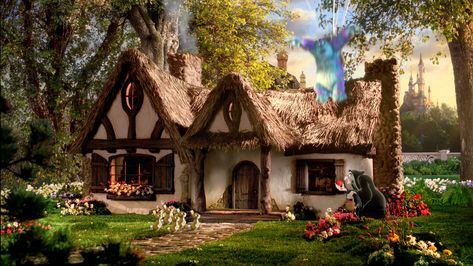 dwarf house | but other scenes were filmed inside like the shots with the RC ... White Cottage House, Fantasy Cottage Interior, White Cottage Interiors, Snow White Cottage, Disney Princess Challenge, Fairy Tale Cottage, Storybook House, Storybook Homes, Fairytale Cottage