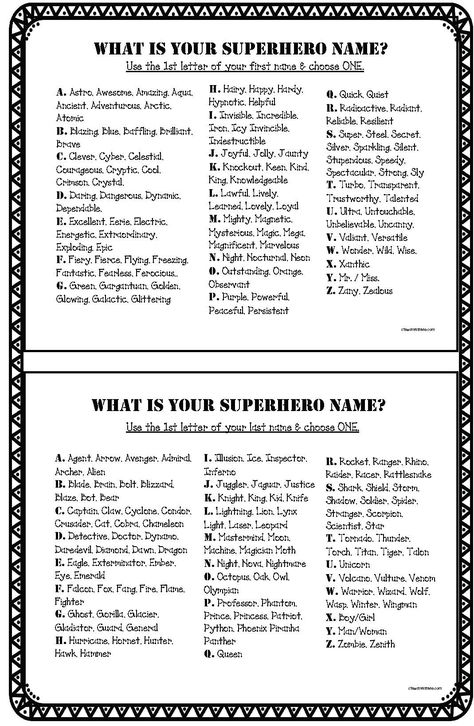 To create a personal superhero name, students find the letter of their 1st name on poster #1, then pick one of the adjectives. On poster #2, they do the same thing, only with the initial of their last name, this time choosing a noun. Wherever possible I tried to be alliterative, so students could find words that began with those letters. Creating A Superhero Character, How To Write A Superhero Story, Super Hero Name, Superhero Activities, Super Hero Activities, Create Your Own Superhero, Letter To Father, Create A Superhero, Superhero Letters