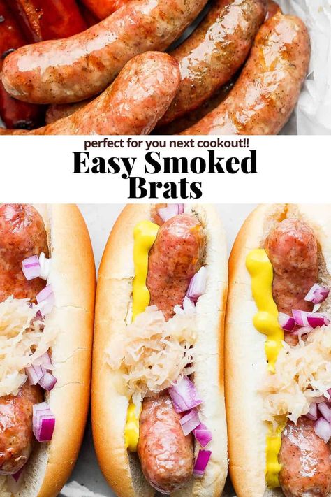 Smoked Brats Electric Smoker, Brats On Traeger Grill, Brats On Smoker, Smoked Beer Brats, Brats On Pellet Grill, Smoked Brats Recipes, Smoked Brats Pellet Grill, Brat Recipes, Smoked Brats