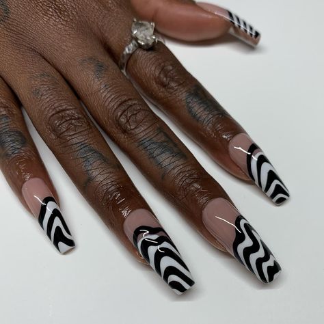 White Striped Nails, Wave Nails, La Nails, Striped Nails, January 9, Unique Nails, Best Acrylic Nails, Black Nails, White Nails