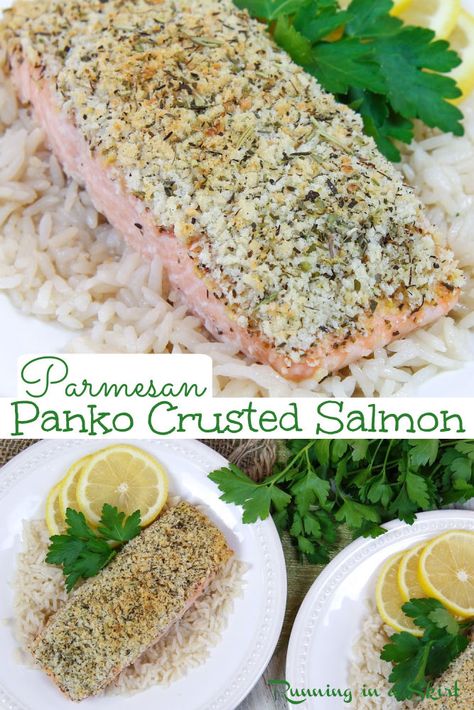 This Parmesan Panko Crusted Salmon recipe is a healthy, tasty, and easy baked salmon that is ready in only 20 minutes and made with just a handful of simple ingredients.  Coat the salmon with dijon mustard and add the perfect topping made with parmesan, panko breadcrumbs, Italian Seasoning, and lemon zest. Salmon Panko Crusted, Salmon With Dijon Mustard, Panko Salmon, Panko Crusted Salmon, Roasted Baby Red Potatoes, Healthy Salmon Dinner, Crusted Salmon Recipes, Flexitarian Recipes, Crusted Salmon