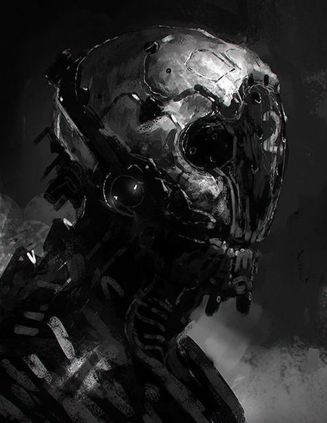 Concept Art Cybernetic Face, Skull Concept Art, Robot Zombie, Robot Head, Arte Robot, Arte Cyberpunk, Skull Face, A Robot, Robots Concept